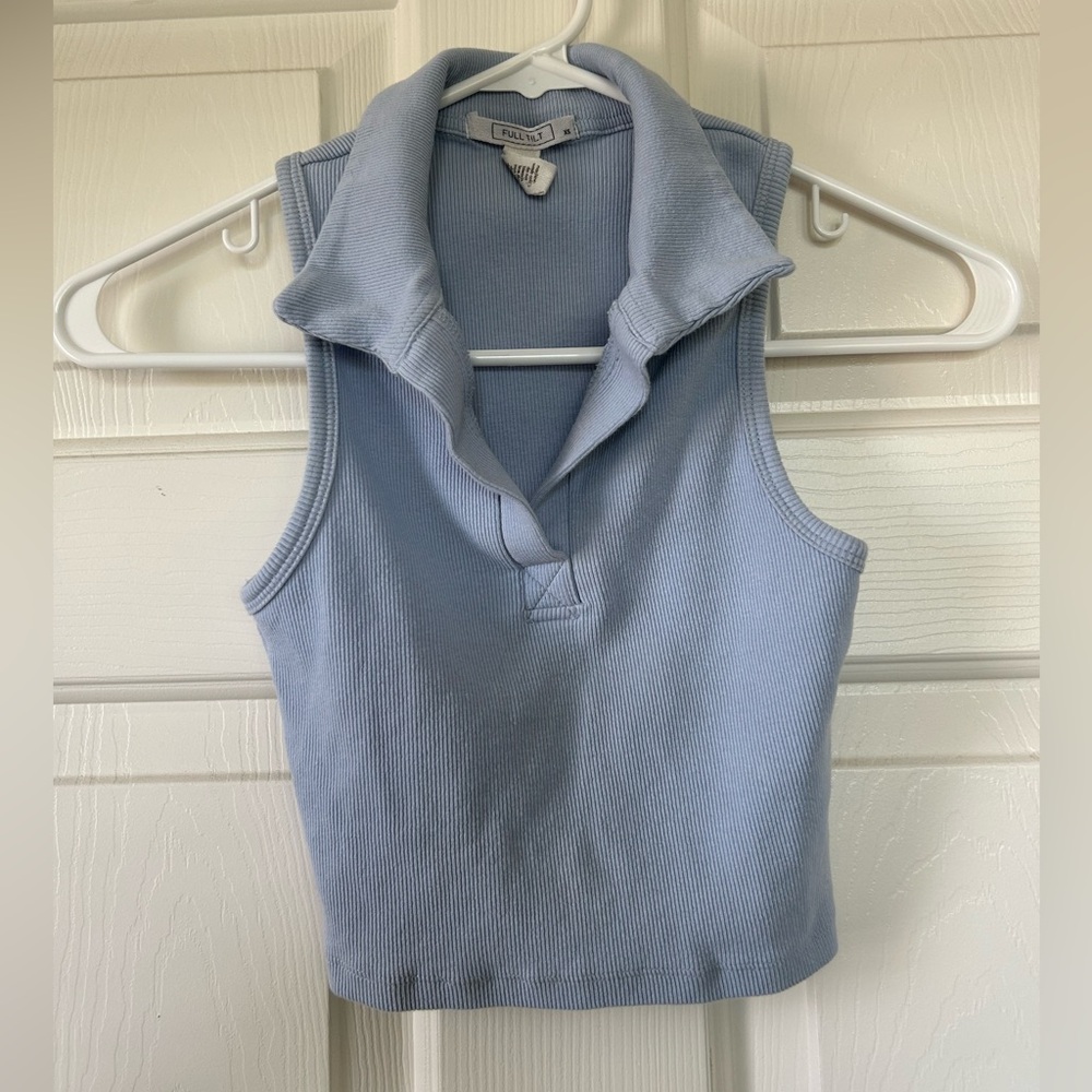 Full Tilt Blue Sleeveless Cropped Fitted Polo Tank